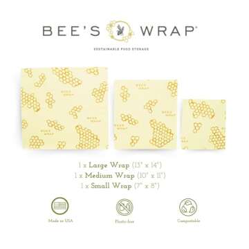 Bee's Wrap Reusable Beeswax Food Wraps Made in The USA, Eco Friendly Beeswax Wraps for Food, Sustainable Organic Cotton Wraps, Assorted 3 Pack (S, M, L), Honeycomb