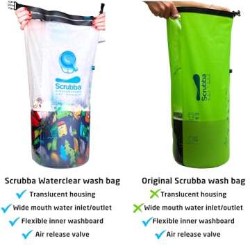 Scrubba Waterclear Wash Bag Portable Washing Machine - New Water Inlet/Outlet for easy rinsing - Manual Portable Washer for Travel, Camping, Laundry, Baby Clothes - Travel Essentials, Gift - 6.9 oz