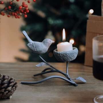 Marbrasse Votive Candle Holders, Vintage Home Decor Centerpiece, Iron Branches, Resin Bird and Nest, Tabletop Decorative TeaLight Candle Stands,Creative Artwork (Grey Black)