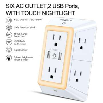 USB Wall Charger, Surge Protector, POWRUI 6-Outlet Extender with 2 USB Charging Ports (2.4A Total) and Night Light, 3-Sided Power Strip with Adapter Spaced Outlets - White，ETL Listed