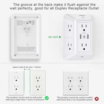 USB Wall Charger, Surge Protector, POWRUI 6-Outlet Extender with 2 USB Charging Ports (2.4A Total) and Night Light, 3-Sided Power Strip with Adapter Spaced Outlets - White，ETL Listed