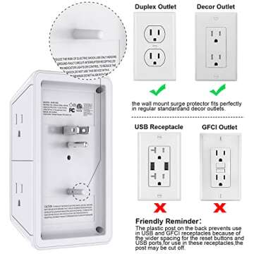 USB Wall Charger, Surge Protector, POWRUI 6-Outlet Extender with 2 USB Charging Ports (2.4A Total) and Night Light, 3-Sided Power Strip with Adapter Spaced Outlets - White，ETL Listed