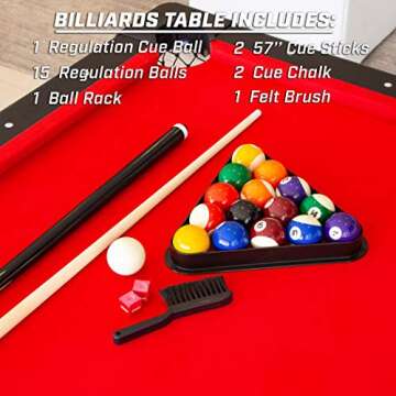 GoSports 7 ft Billiards Table - Portable Pool Table - Includes Full Set of Balls, 2 Cue Sticks, Chalk, and Felt Brush - Black, Red