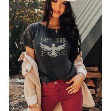 KEKEMI Vintage Rock Band Tshirts Women Retro Free Bird Western Graphic Tees Country Music Shirts Casual Short Sleeve Tops(Black-73,Large)