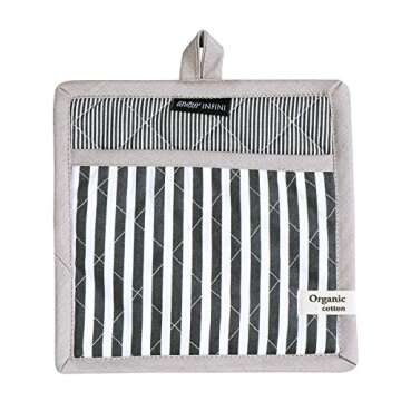 AMOUR INFINI Pot Holders Heat Resistant Cotton Set of 3 Nonslip 8"x8" Inch Hot Pads for Kitchen, BBQ, Baking & Cooking with Hanging Loops (Stripe Charcoal)