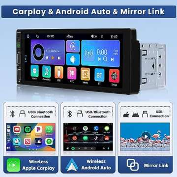 Hikity 6.9 Inch Car Stereo with Wireless Carplay Android Auto Single Din Touchscreen Car Radio with Bluetooth 5.0 Mirror Link FM EQ SWC, Car Audio Receiver with MIC Backup Camera