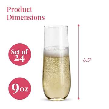 Prestee Stemless Plastic Champagne Flutes Pack of 24's - 9 oz Disposable Wine Glasses for Parties and Cocktail Events - Shatterproof Champagne Flutes Plastic for Weddings and Mimosa Bar Supplies