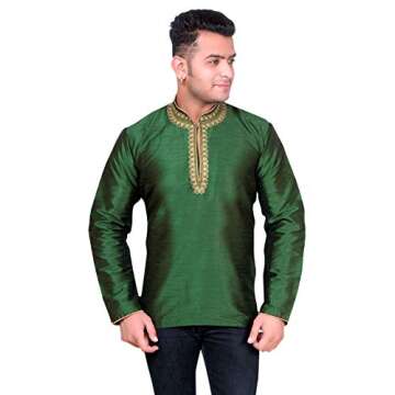 Desi Sarees Men Kurta Modi Style Collar Bollywood Tunic 2018 (Chest – 42 inches, Bottle Green)