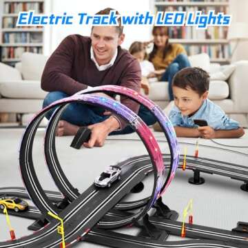 Slot Car Race Track Sets, 19ft Electric Track with LED Lights and 4 Slot Cars, 2 Hand Controller and Racing Game Lap Counters, Race Track Set Features a Loop, Turns, and a Crossover for Boys Age 6-12