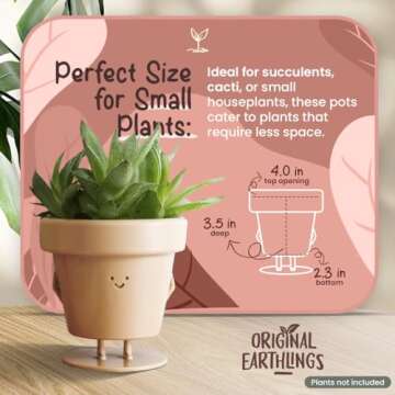 Original Earthlings Standing Pot - 3.5 Inch Cute Plant Pot - Plastic Funny Planter with Drainage - Unique Cactus Plant Lover Gift - Small Succulent Face Flower Pot - Cute Plant Gifts for Plant Lovers