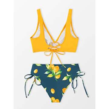 CUPSHE Women's Bikini Swimsuit Floral Print Tie Side Twist Front Two Piece Bathing Suit, M Yellow