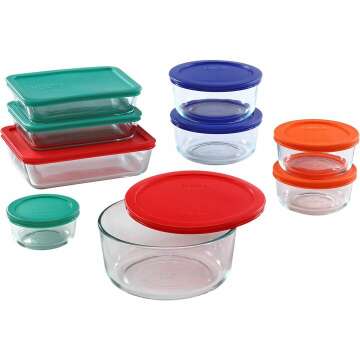 Pyrex Simply Store 18-Pc Glass Food Storage Containers Set, Round & Rectangle Glass Storage Containers with Lid, BPA-Free Lids, Non-Pourous Glass, Dishwasher, Microwave, Fridge and Freezer Safe