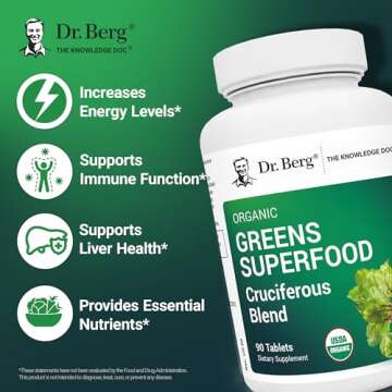 Dr. Berg's Greens Superfood Cruciferous Vegetable Tablets - Vegetable Supplements for Adults w/ 11 Phytonutrient Super Greens Tablets - Energy, Immune System & Liver Veggie Tablets - 90 Tablets