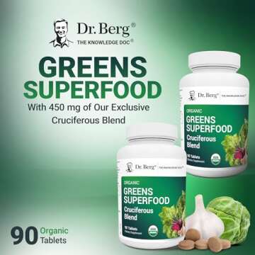 Dr. Berg's Greens Superfood Cruciferous Vegetable Tablets - Vegetable Supplements for Adults w/ 11 Phytonutrient Super Greens Tablets - Energy, Immune System & Liver Veggie Tablets - 90 Tablets