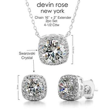 Devin Rose Stud Halo Cushion Shaped Earrings for Women and 18 Inch Necklace for Women Jewelry Set made with Faceted Crystals in Yellow Gold Plated Brass Yellow