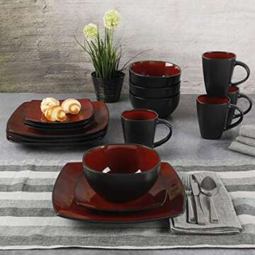 Gibson sofa square dinnerware set for 4 in red