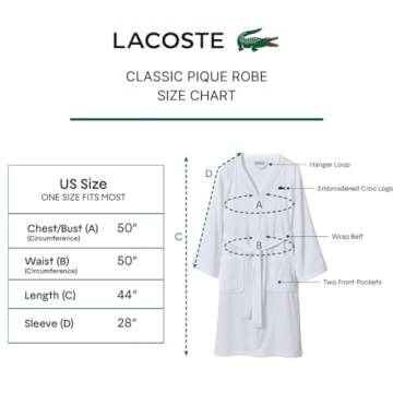 Lacoste Classic Pique 100% Cotton Bath Robe for Men & Women, One Size Fits Most, Meteorite Grey