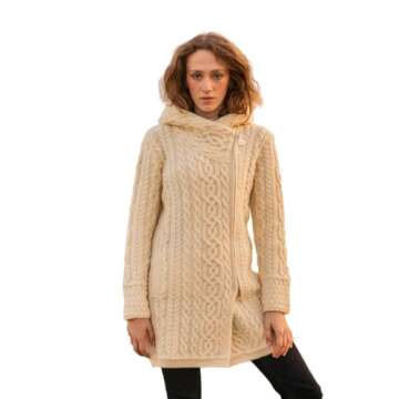 SAOL Ladies Irish Aran Zip Cardigan - 100% Merino Wool Coat with Pockets and Hood, Made in Ireland (US, Alpha, Medium, Regular, Regular, Parsnip)