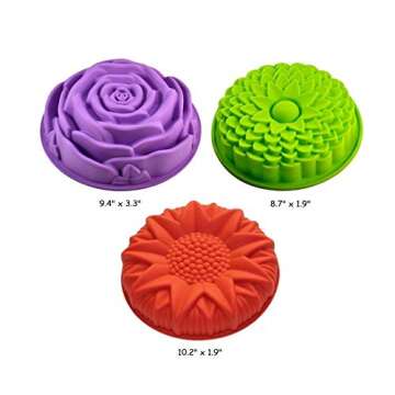 Efivs Arts 3 Pack Non-Stick Flower Shape Silicone Cake Pans Bread Pie Flan Tart Jello Molds for Birthday Party