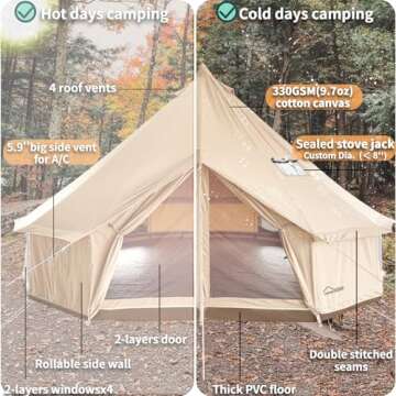 DANCHEL OUTDOOR B5 PROII 4 Season Yurt Tent with Customized Stove Jack for 8-10 Person Family Camping, Luxury Canvas Bell Tent for Glamping All Year Living Large Hot Tent, 20ft/6m Khaki