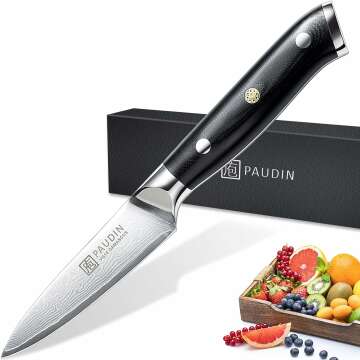 PAUDIN Paring Knife, 3.5 Inch Damascus Small Kitchen Knife, Japanese VG-10 steel 67 Layer Forged, Triple Rivet Micarta Handle, Stain & Corrosion Resistant, Fruit Knife with Gift box