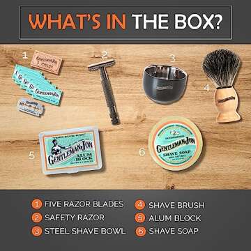 Gentleman Jon Safety Razor Shaving Kit | Vintage Wet Shave Grooming Set for Men - Includes: Safety Razor, Hair Shaving Brush, Alum Block, Shave Soap, Bowl & Double Edge Razor Blades