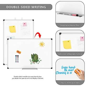 XBoard Magnetic Dry Erase Board/Whiteboard, 36 X 24 Inches, Double Sided White Board,1 Dry Eraser & 3 Dry Erase Markers & 4 Push Pin Magnets