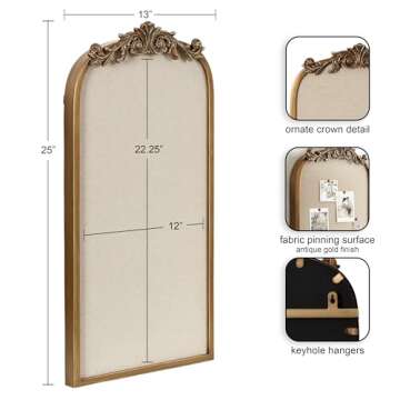 Kate and Laurel Arendahl Arch Pinboard, Gold, 13 x 25, Framed Arched Ornate Vintage Cork Board for Unique Display, Organization, and Decor Options