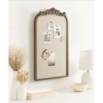 Kate and Laurel Arendahl Arch Pinboard, Gold, 13 x 25, Framed Arched Ornate Vintage Cork Board for Unique Display, Organization, and Decor Options