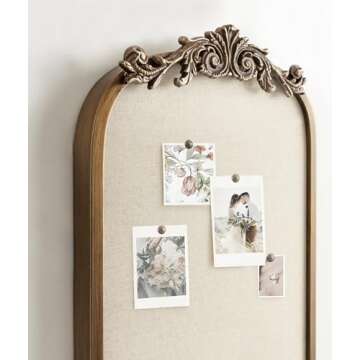 Kate and Laurel Arendahl Arch Pinboard, Gold, 13 x 25, Framed Arched Ornate Vintage Cork Board for Unique Display, Organization, and Decor Options