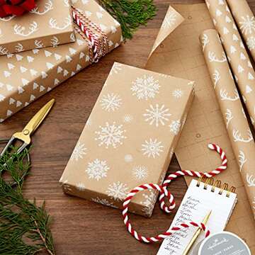 Hallmark Christmas Wrapping Paper Rolls - Minimalist Brown Kraft Trees, Antlers, Snowflakes Gift Wrap Paper (3 Rolls: 90 sq. ft. ttl.) for Holiday Parties, Hanukkah, Winter Weddings