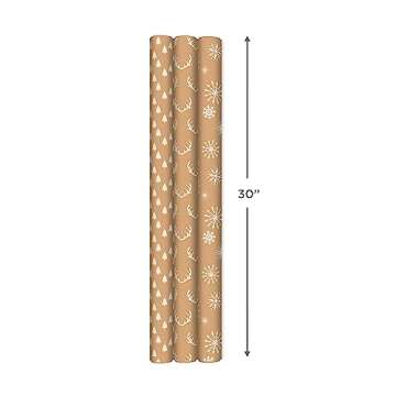 Hallmark Christmas Wrapping Paper Rolls - Minimalist Brown Kraft Trees, Antlers, Snowflakes Gift Wrap Paper (3 Rolls: 90 sq. ft. ttl.) for Holiday Parties, Hanukkah, Winter Weddings