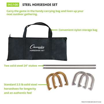 Champion Sports Classic Horseshoe Set: Traditional Outdoor Lawn Game includes Four Professional Solid Steel Horseshoes with Solid Steel Stakes & Carrying Case