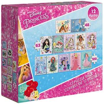 Disney Princess, 12-Puzzle Pack 48-Piece 63-Piece 100-Piece Jigsaw Puzzles For Kids Ariel Moana Cinderella Jasmine, For Preschoolers Ages 4 And Up