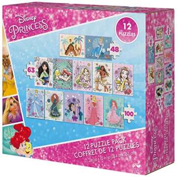 Disney Princess, 12-Puzzle Pack 48-Piece 63-Piece 100-Piece Jigsaw Puzzles For Kids Ariel Moana Cinderella Jasmine, For Preschoolers Ages 4 And Up