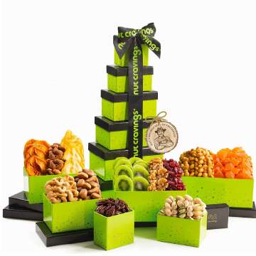 Christmas Gift Basket Holiday Dried Fruit & Nuts Green Tower + Ribbon (12 Assortments) Gourmet Food Bouquet Xmas Arrangement Platter, Birthday Care Package, Healthy Kosher Snack Box - Adults Men Women
