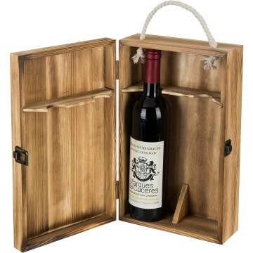 MyGift Dark Torched Wood Double Bottle Wine Gift Boxes, Top Handle Hinged Lid Carrier