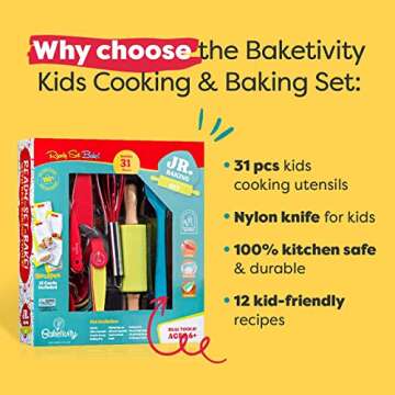 Baketivity 31 Pcs Kids Cooking & Baking Set with Kids Knife & Real Cooking Utensils - Kid Safe Knife & Cooking Tools - Kids Baking Set Gift for Girls & Boys Including Nylon Knife for Kids