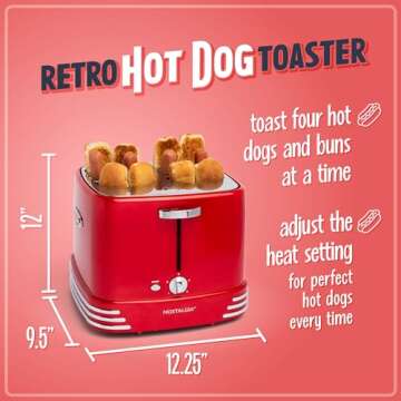 Nostalgia 4 Slot Hot Dog and Bun Toaster with Mini Tongs, Hot Dog Toaster Works with Chicken, Turkey, Veggie Links, Sausages and Brats, Metallic Red