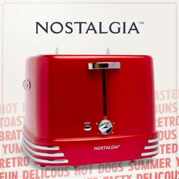 Nostalgia 4 Slot Hot Dog and Bun Toaster with Mini Tongs, Hot Dog Toaster Works with Chicken, Turkey, Veggie Links, Sausages and Brats, Metallic Red