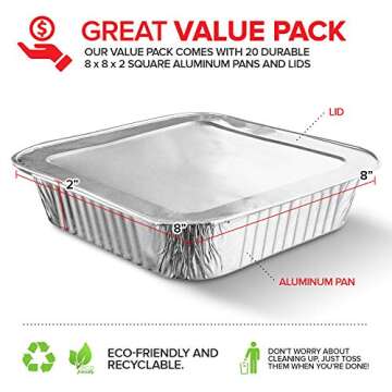 8x8 Foil Pans with Lids (20 Pack) 8 Inch Square Aluminum Pans with Covers -Disposable Food Containers Great for Baking Cake, Cooking, Heating, Storing, Prepping Food