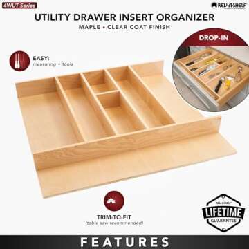 Rev-A-Shelf Trim-to-Fit Silverware Drawer Organizer For Kitchen Utensils, Cutlery Cabinet Storage Divider Insert, 23.98 x 21.97 In, Maple Wood, 4WUT-3