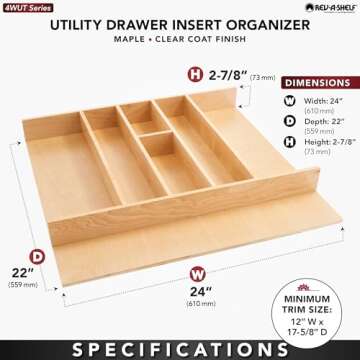 Rev-A-Shelf Trim-to-Fit Silverware Drawer Organizer For Kitchen Utensils, Cutlery Cabinet Storage Divider Insert, 23.98 x 21.97 In, Maple Wood, 4WUT-3