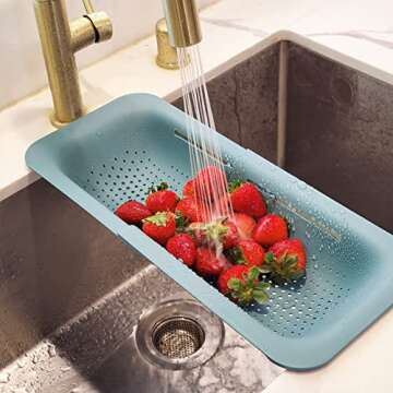 Makerstep Over the Sink Colander Strainer Basket - Expandable, Wash, Drain, and Dry. - New Home Kitchen Essentials, Multifunctional Kitchen Gadgets, Green 14.25x8