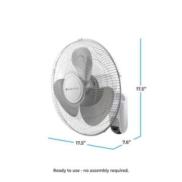 Comfort Zone 16" Quiet 3-Speed Wall Mount Fan with Remote Control, Timer and Adjustable Tilt, Ideal for Home, Bedroom, Gym & Office, CZ16WR