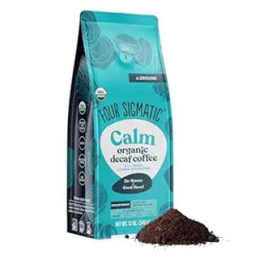 Four Sigmatic Calm Organic Decaf Ground Coffee | Swiss Water Decaf Coffee Ground | Decaffeinated Coffee with Chaga & Reishi Mushroom Extracts | Decaf Coffee for Stress Relief | 12oz Bag