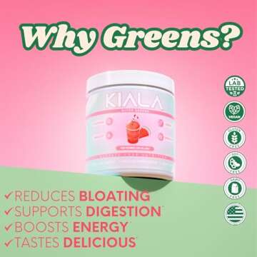 Kiala Nutrition Super Greens, Organic Greens Powder with Spirulina & Chlorella for Digestion, Gut Health, Immunity & Energy, Gluten Free, Vegan, Daily Support for Women, Watermelon Slush, 30 Servings