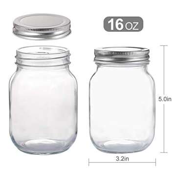 YINGERHUAN Glass Regular Mouth Mason Jars, 16 oz Clear Glass Jars with Silver Metal Lids for Sealing, Canning Jars for Food Storage, Overnight Oats, Dry Food, Snacks, Candies, DIY Projects (4PACK)