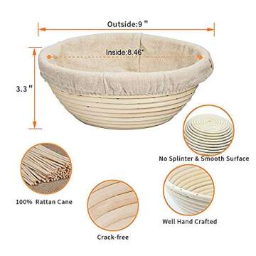 9" Inch Bread Proofing Basket, ZltKalze Round Bread Banneton Rattan Basket for Home Bakers - Professional Proofing Baking Bowl with Dough Scraper + Linen Liner Cloth