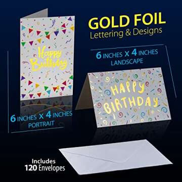 120 Pack Assorted Gold Foil Birthday Cards with Envelopes